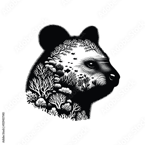 silhouette of Quokka, filled with underwater view with coral in rough drawing,