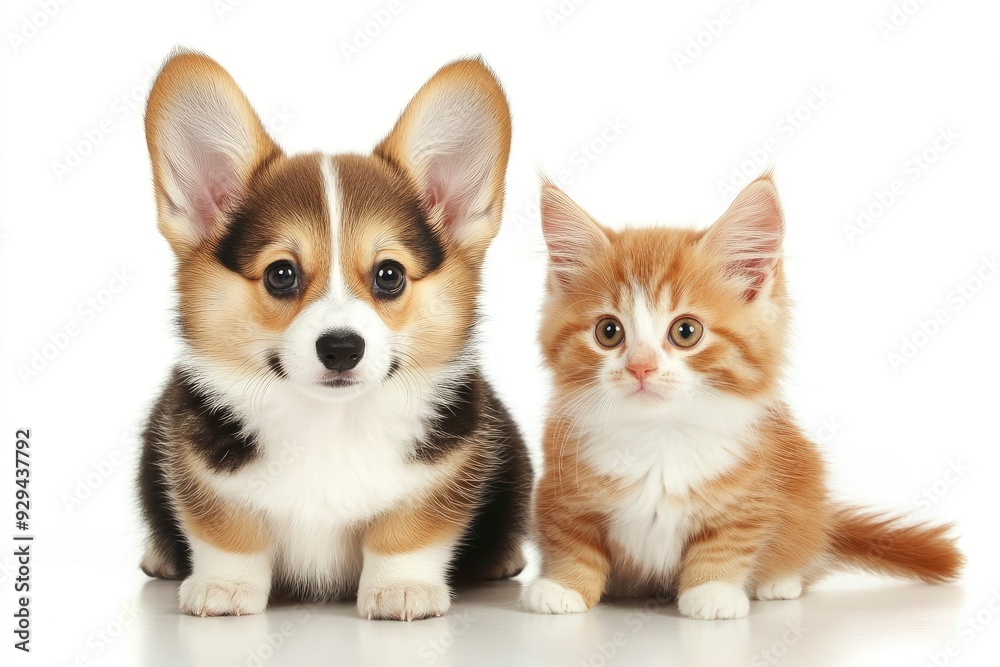 Obraz premium Cute Welsh corgi puppy and a red kitten sit together on a white background. isolated on a white background , ai