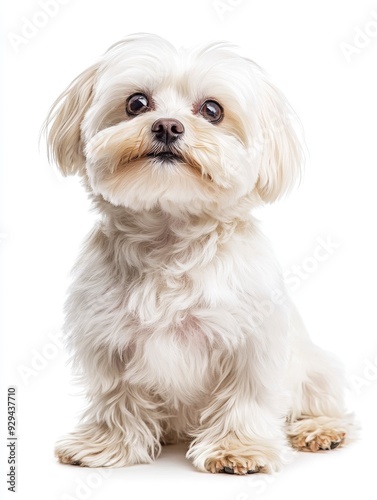 Cute Maltese dog panting, sitting and looking at the camera, Isolated on white , ai