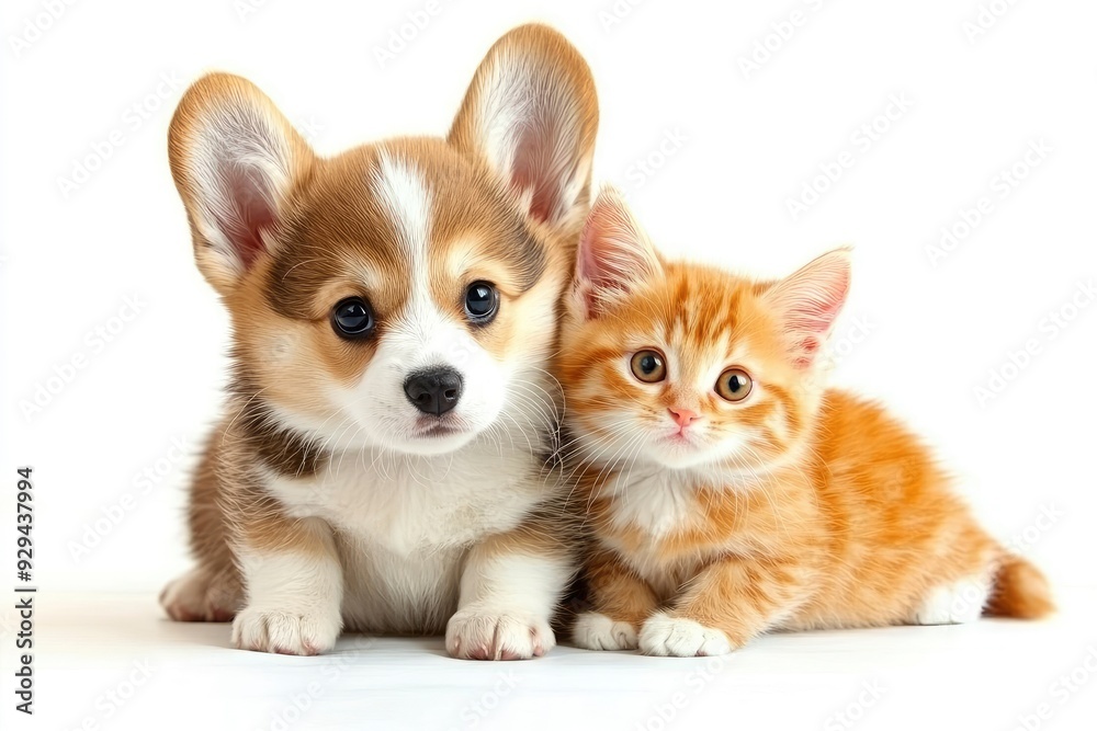Cute Welsh corgi puppy and a red kitten sit together on a white background. isolated on a white background , ai Cute Welsh corgi puppy and a red kitten sit together on a white background. isolated on a white background , ai