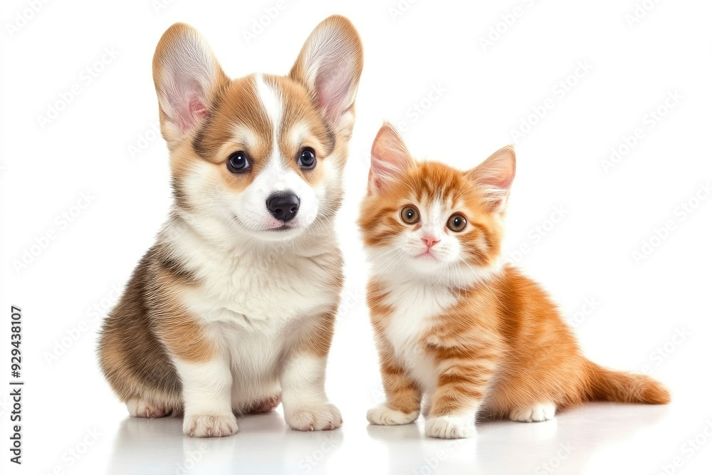Obraz premium Cute Welsh corgi puppy and a red kitten sit together on a white background. isolated on a white background , ai