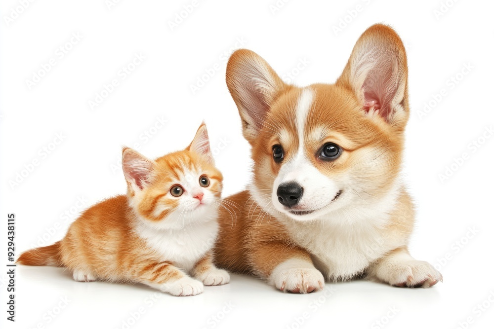 Cute Welsh corgi puppy and a red kitten sit together on a white background. isolated on a white background , ai