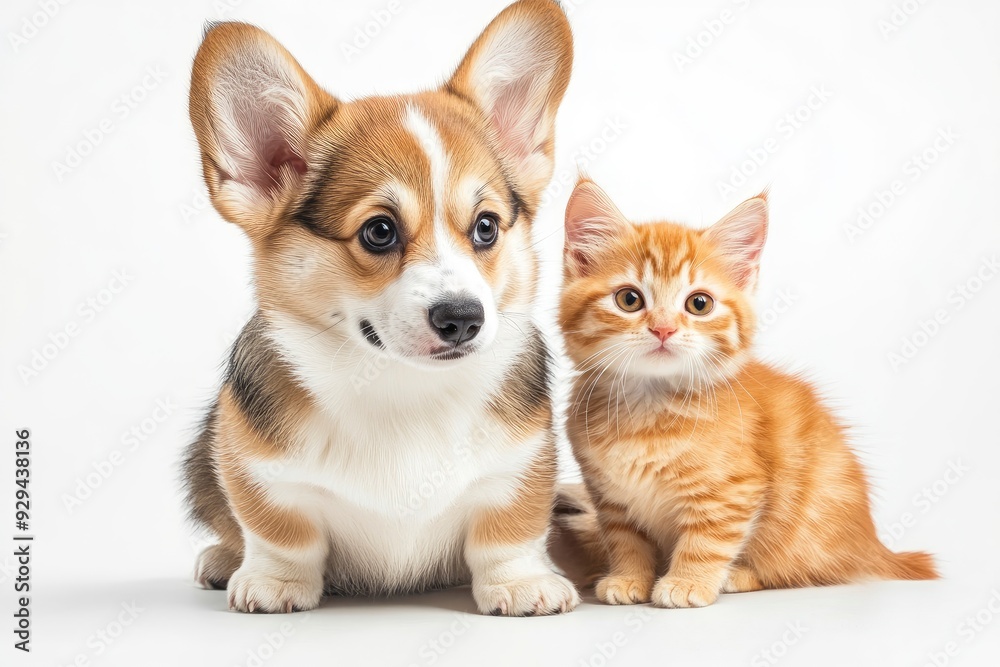 Cute Welsh corgi puppy and a red kitten sit together on a white background. isolated on a white background , ai Cute Welsh corgi puppy and a red kitten sit together on a white background. isolated on a white background , ai