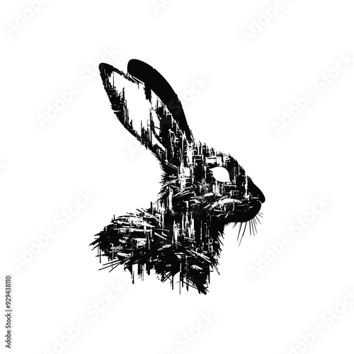 silhouette of Rabbit, filled with destroyed futuristic dystopia environment in rough drawing,
