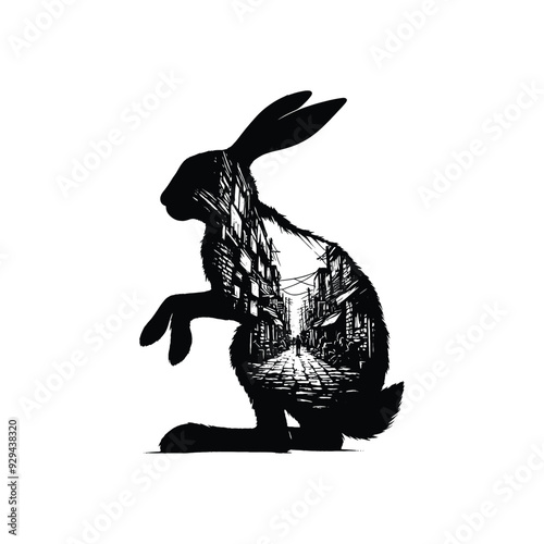 silhouette of Rabbit filled with ghetto street in rough drawing,