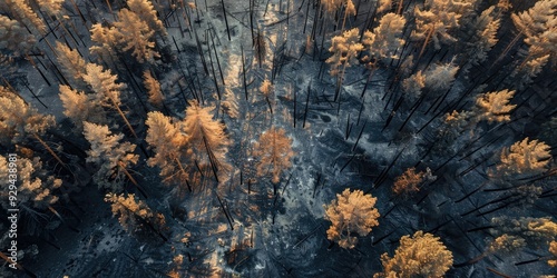 Aerial view of charred pine forest post fire Aerial drone image of burnt trees in aftermath of ecological catastrophe photo