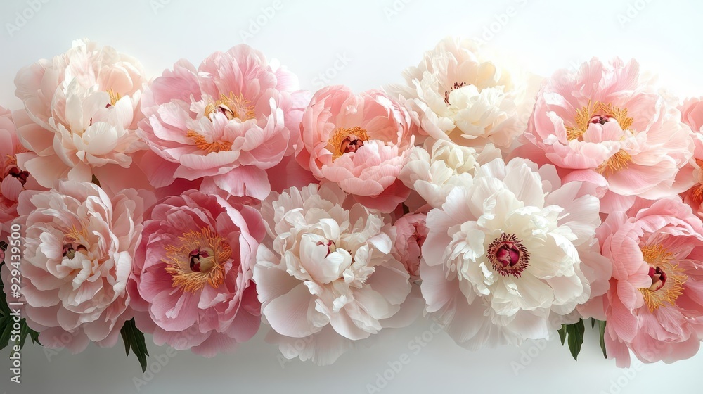 lush arrangement of pink and white peonies in full bloom petals unfurling against stark white background lush arrangement of pink and white peonies in full bloom petals unfurling against stark white background