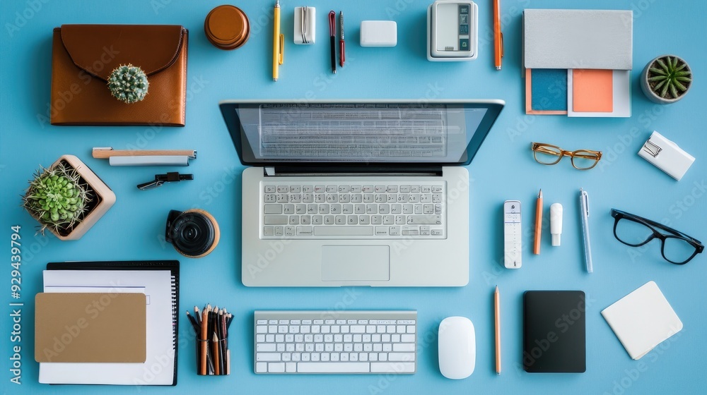 Flat lay of office supplies and a computer with product listings, representing an online business setup. Flat lay of office supplies and a computer with product listings, representing an online business setup.
