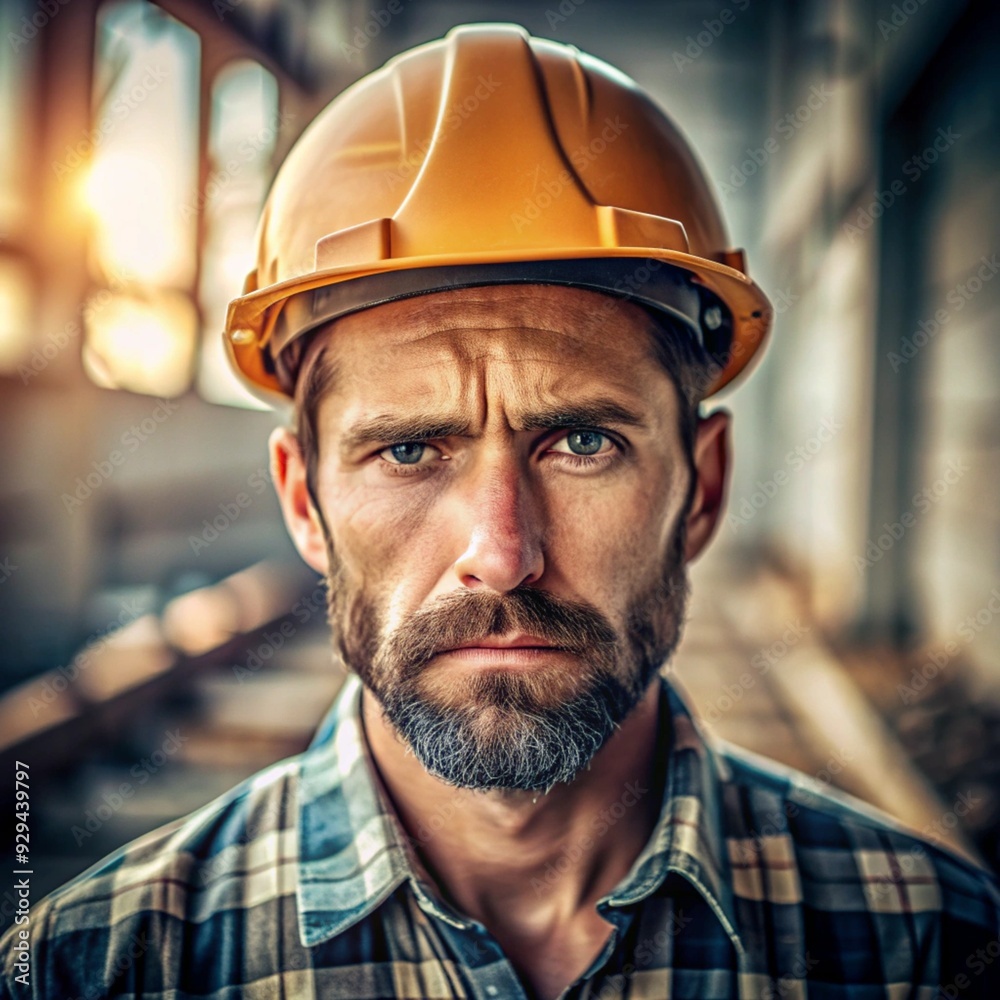 Portrait of a construction worker, with helmet, construction site, natural light, hardworking
mood.