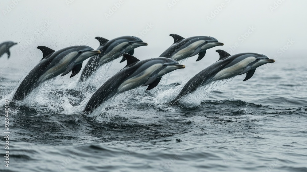 Fototapeta premium Group of playful dolphins leaping out of the water, capturing the joy and energy of these intelligent creatures.