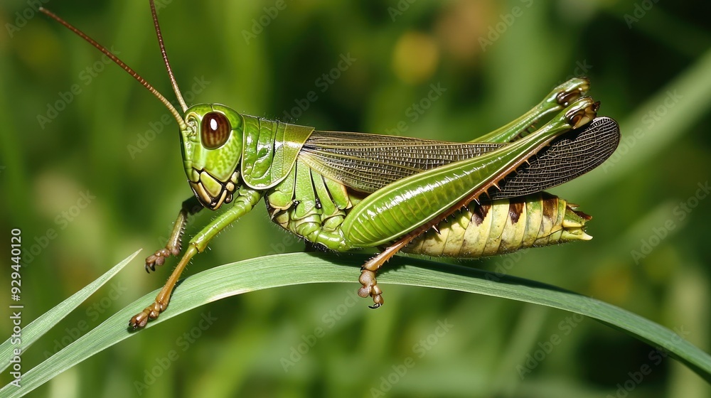 Grasshopper perched on a blade of grass, displaying its powerful hind legs and green coloration. Grasshopper perched on a blade of grass, displaying its powerful hind legs and green coloration.
