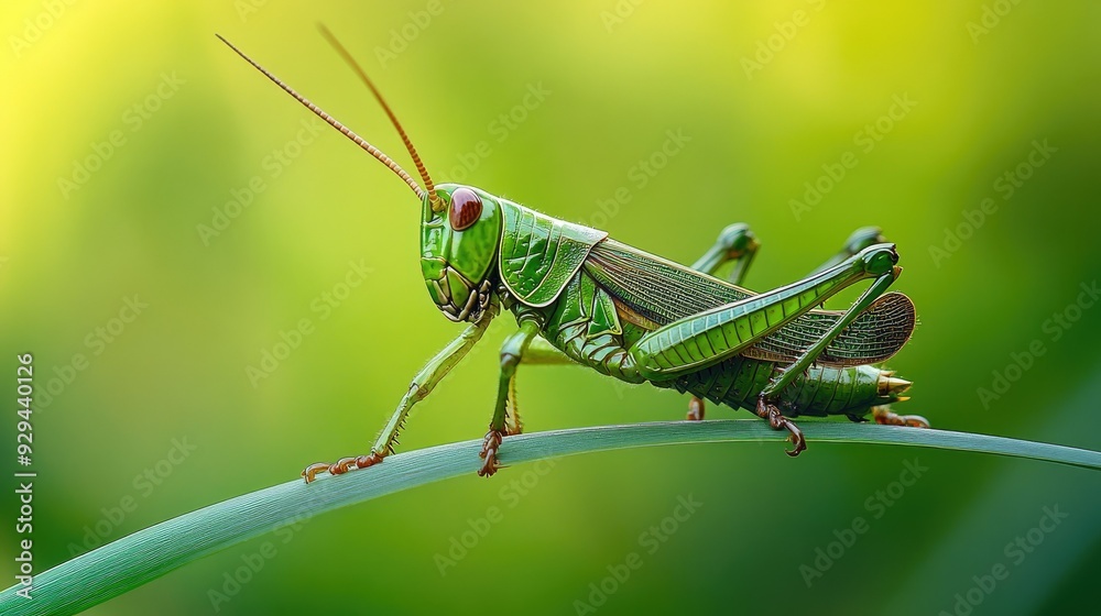 Grasshopper perched on a blade of grass, displaying its powerful hind legs and green coloration. Grasshopper perched on a blade of grass, displaying its powerful hind legs and green coloration.