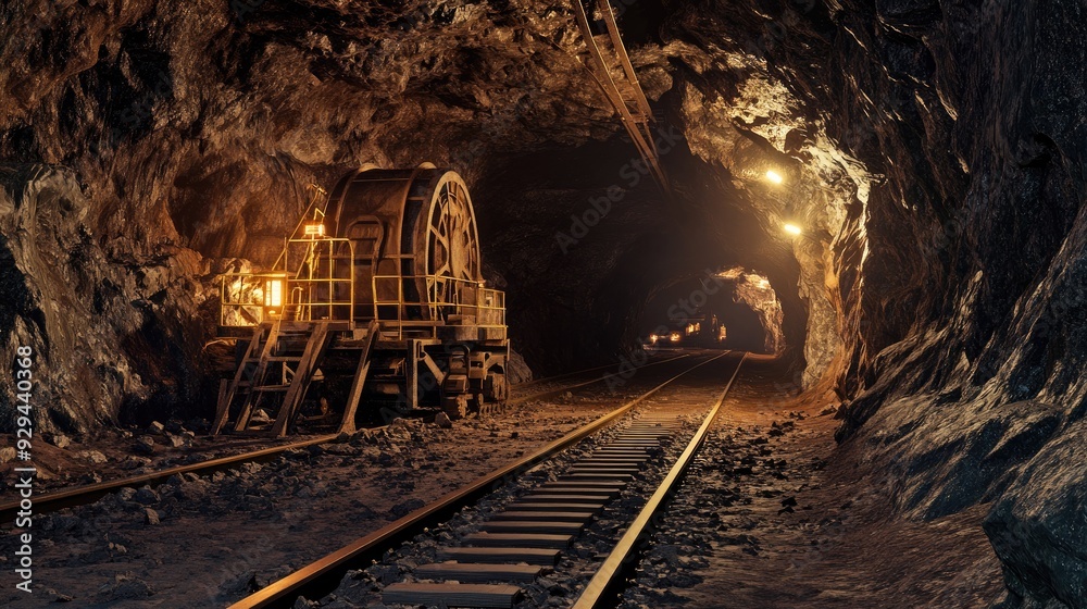 Naklejka premium Image of a coal mine with mining equipment and tracks, no personnel visible.