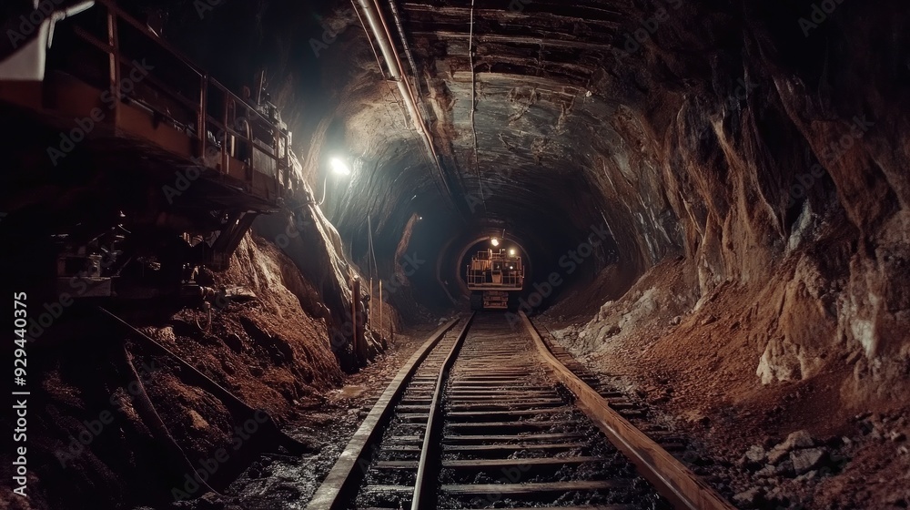 Naklejka premium Inside a mine tunnel with visible extraction points and heavy machinery, no people.