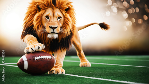 photo illustration of a male lion playing football with his right front paw on a brown soccer ball on a green grass field photo