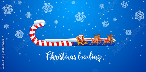 Christmas loading bar of candy cane and Santa on reindeer sleigh, vector background. Winter holiday countdown loading bar with stripes of candy cane with Santa sleigh, snowflakes and Christmas snow