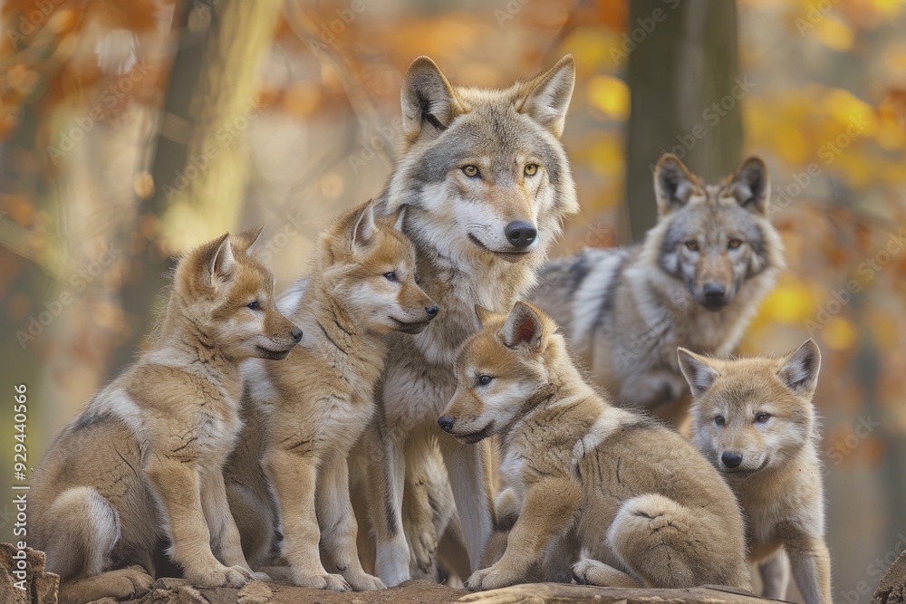 A group of wolves perched on top of a log, a unique and natural scene A group of wolves perched on top of a log, a unique and natural scene