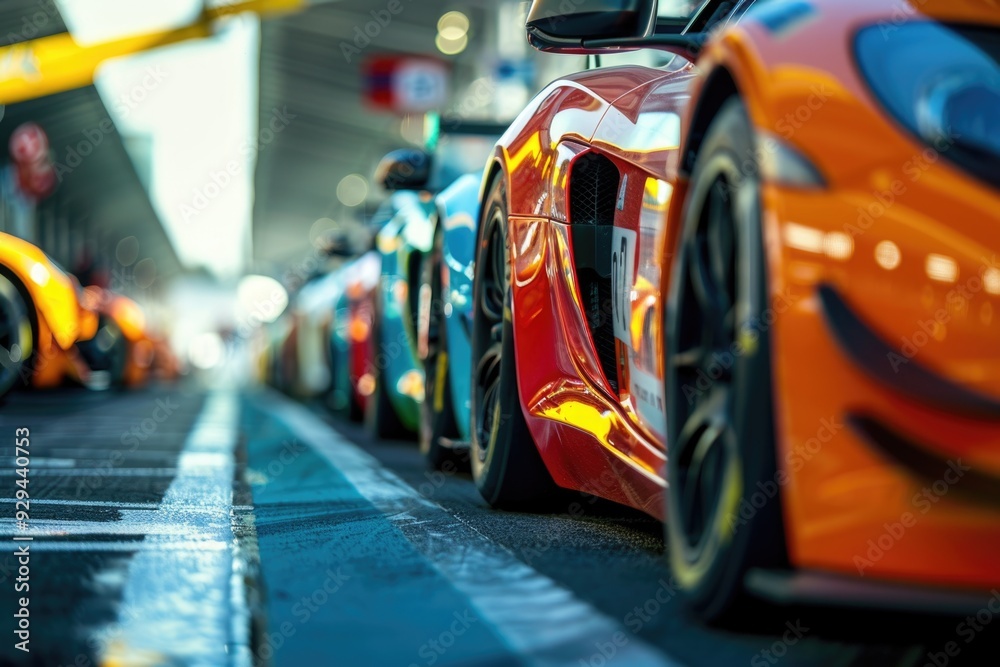 Row of cars parked at an angle on the side of a road, suitable for use in urban or traffic-related contexts Row of cars parked at an angle on the side of a road, suitable for use in urban or traffic-related contexts