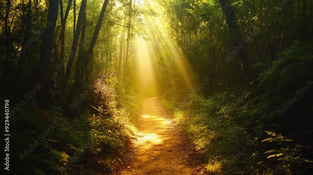 Obraz premium Long, empty trail in a dense forest, with sunlight filtering through the canopy.