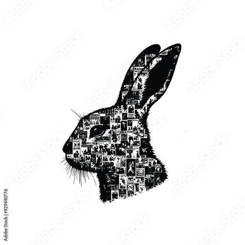 silhouette of Rabbit, filled with vintage punk's poster collage wall in rough drawing,