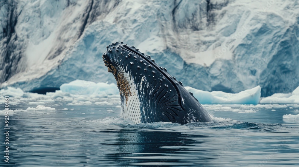 Fototapeta premium Majestic humpback whale surfacing near an iceberg, showcasing the grandeur of arctic marine life.