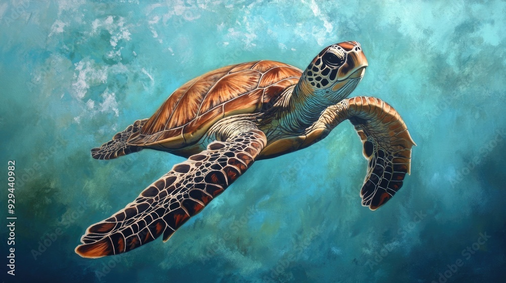 Fototapeta premium Majestic sea turtle gliding gracefully through clear blue ocean waters, symbolizing marine conservation.