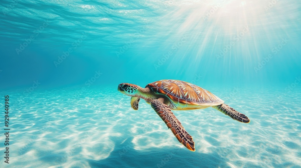 Fototapeta premium Majestic sea turtle gliding gracefully through clear blue ocean waters, symbolizing marine conservation.