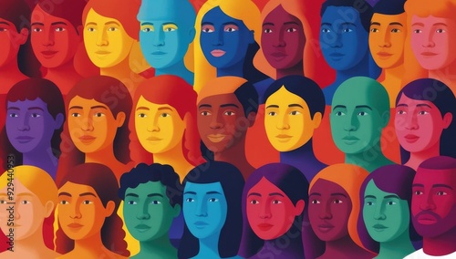 Illustration of diverse faces in vibrant colors, representing various cultures and ethnicities, celebrating diversity and inclusion. Concept discrimination, racism. photo