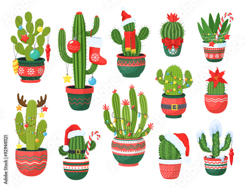 Isolated Christmas prickly mexican cactus succulents, vector Xmas holiday dessert plants. Cartoon saguaro cacti in flowerpots with cute red hats, Xmas lights and ornaments, snow, flowers and candies