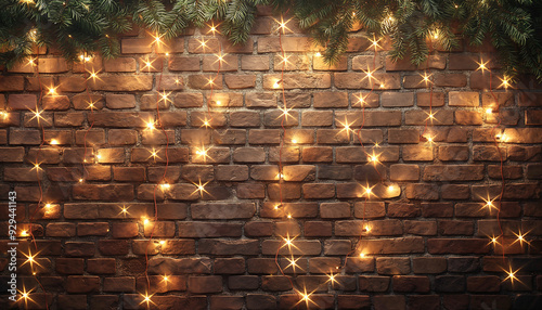 christmas lights in a garland on a brick wall photo