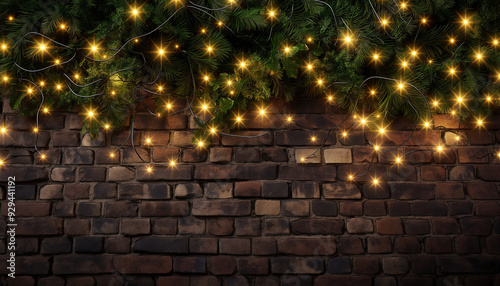 christmas lights in a garland on a brick wall