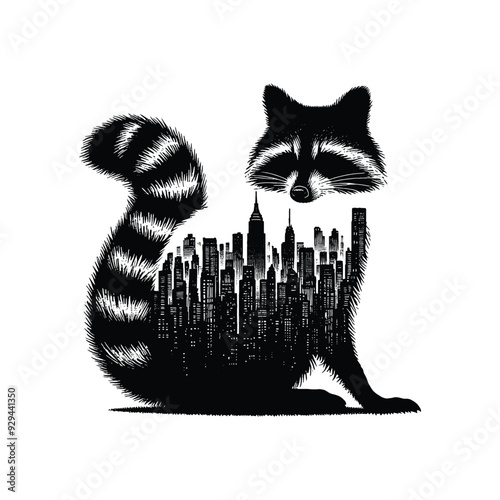 silhouette of Raccoon filled with cityline in rough drawing,