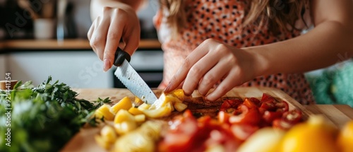 Close-up of Hands Chopping Yellow and Red Vegetables on a Wooden Cutting Board photo