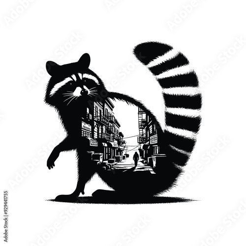 silhouette of Raccoon filled with ghetto street in rough drawing,