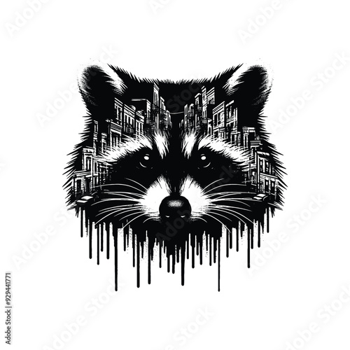 silhouette of Raccoon, filled with ghetto street in rough drawing,