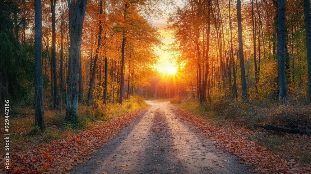 Fototapeta premium Golden Forest Pathway at Sunset