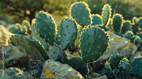 Prickly pear cacti bathed in golden sunlight in a desert landscape with scattered rocks.