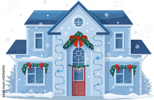 Christmas winter house facade exterior with Xmas holiday garlands and lights. Vector two storey building of town or village street with snow and trees, Christmas decorations, balls and ribbons