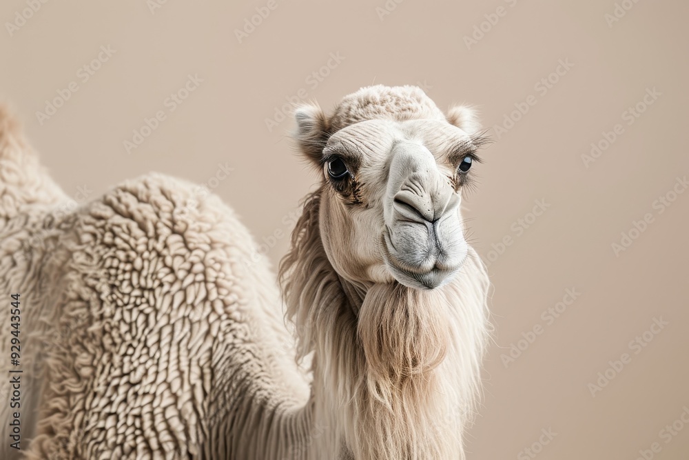 Fototapeta premium Close-up of a Bactrian camel with a textured beige background.