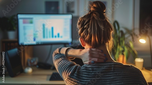 A person working at a desk, looking at data charts on a computer screen in a cozy environment.
