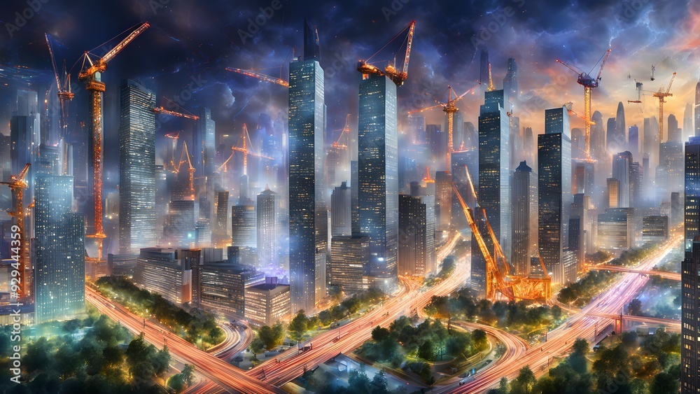 A city skyline with many buildings and a lot of construction A city skyline with many buildings and a lot of construction
