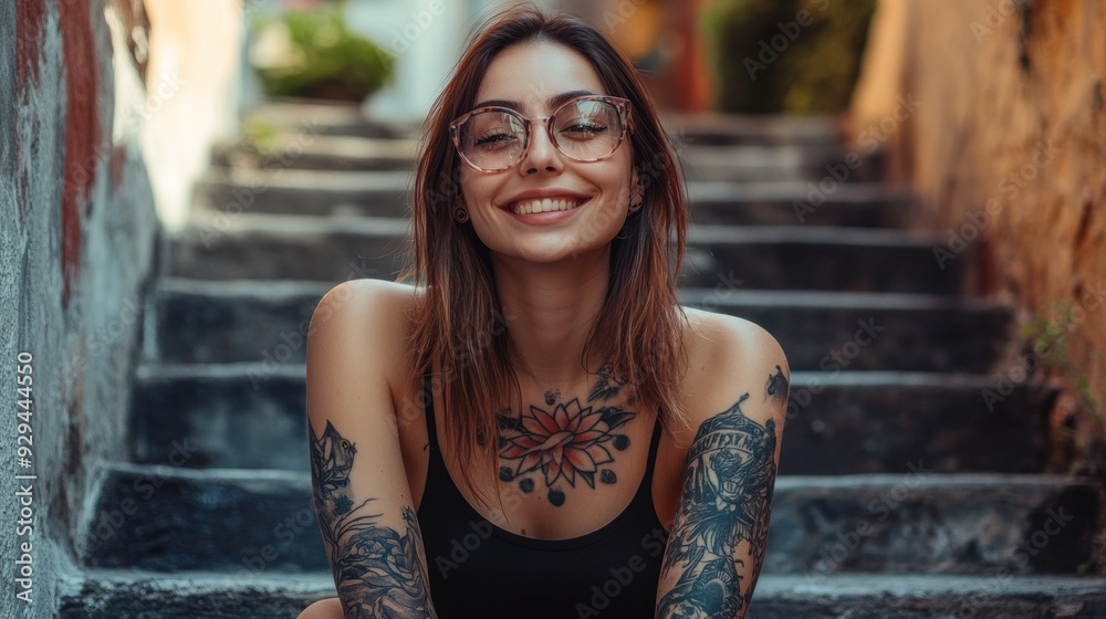 Fototapeta premium Smiling Tattooed Woman Sitting on Stairs