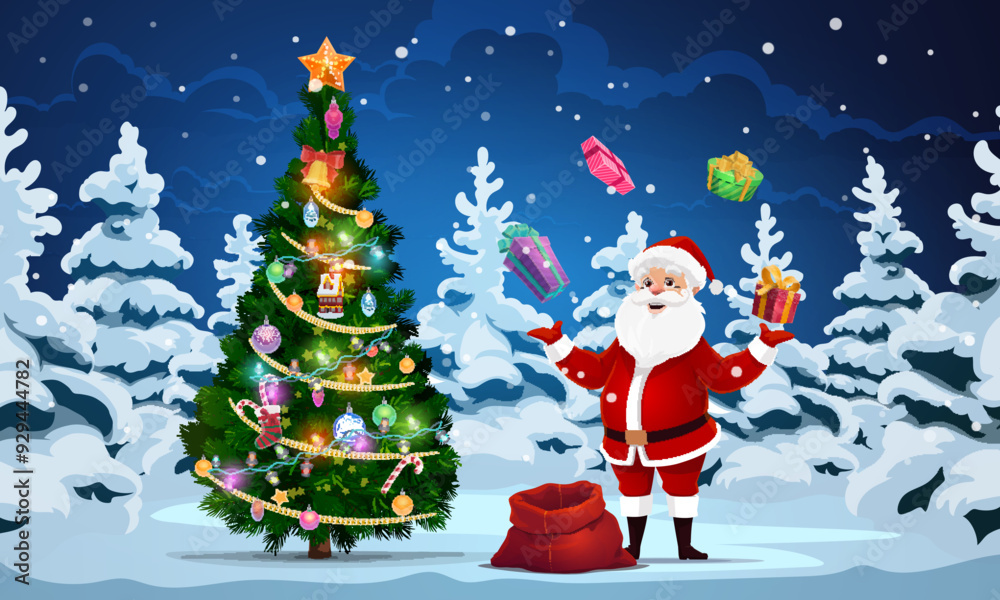 Santa juggles with gift boxes at Christmas tree on winter holiday, cartoon vector. Funny Santa juggling with gifts from bag in snowy forest with decorated Xmas tree for New Year greeting background Santa juggles with gift boxes at Christmas tree on winter holiday, cartoon vector. Funny Santa juggling with gifts from bag in snowy forest with decorated Xmas tree for New Year greeting background