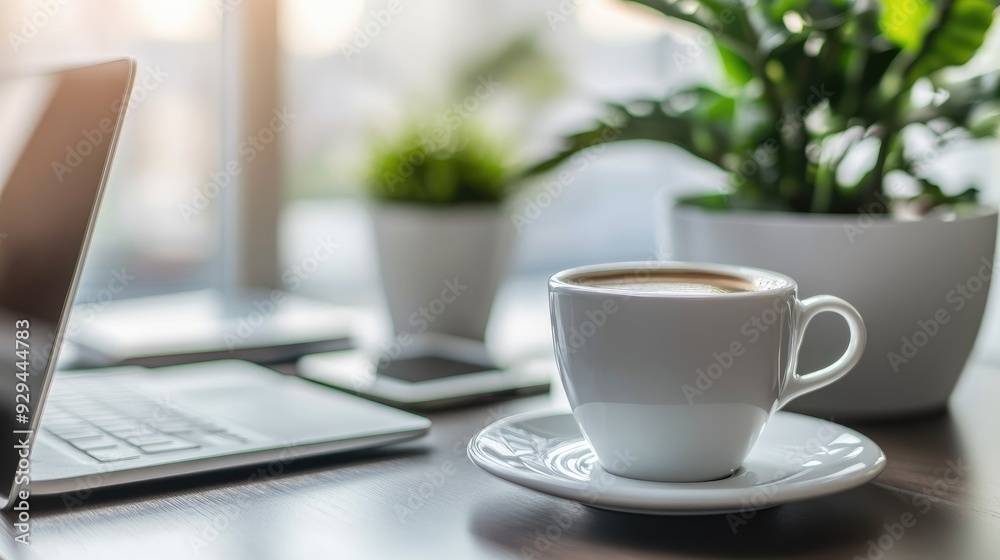 Minimalist office desk with sleek tech gadgets and a cup of coffee Minimalist office desk with sleek tech gadgets and a cup of coffee