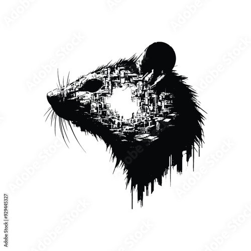 silhouette of rat, filled with destroyed futuristic dystopia environment in rough drawing,