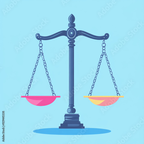 Illustration of balance scales with contrasting pink and yellow pans on a light blue background, symbolizing justice, equality, and balance.