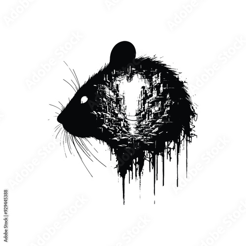 silhouette of rat, filled with destroyed futuristic dystopia environment in rough drawing,
