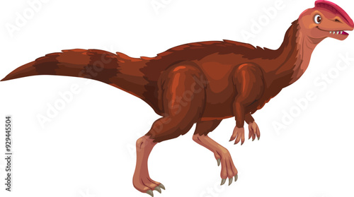 Kileskus prehistoric dinosaur. Isolated cartoon vector dino, featuring a brown body with darker brown stripes and pink crest on its head. Carnivore bipedal dinosaur with small arms and sharp claws