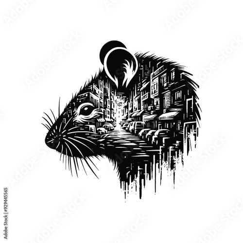 silhouette of rat, filled with ghetto street in rough drawing,
