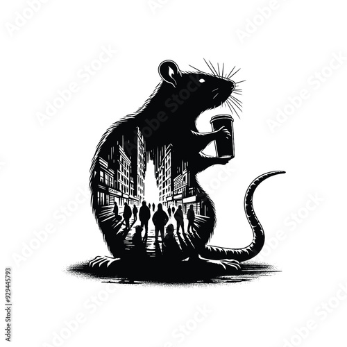 silhouette of rat filled with ghetto street in rough drawing,